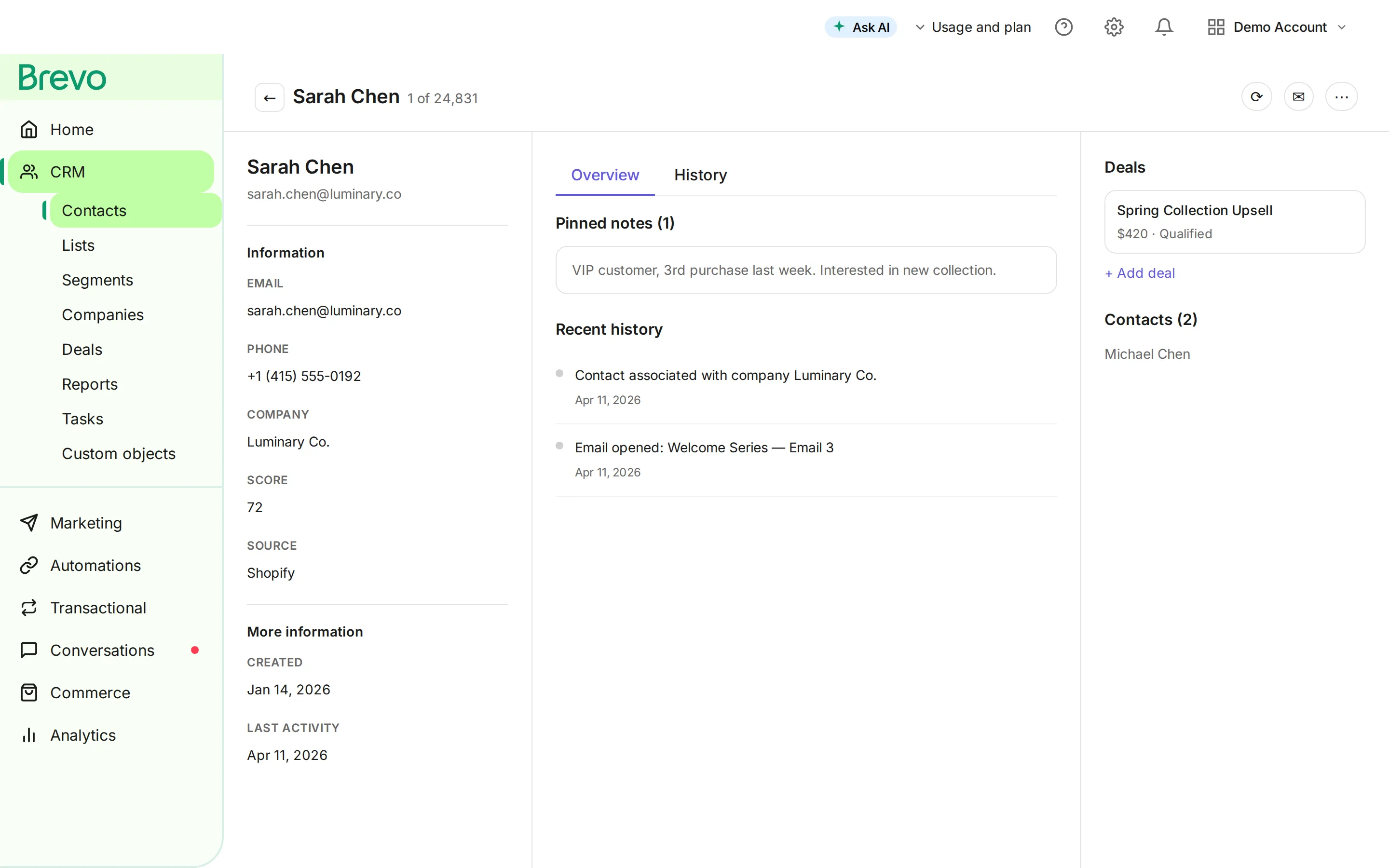 Brevo CRM contact detail view showing customer profile with email history, deal pipeline, and engagement score