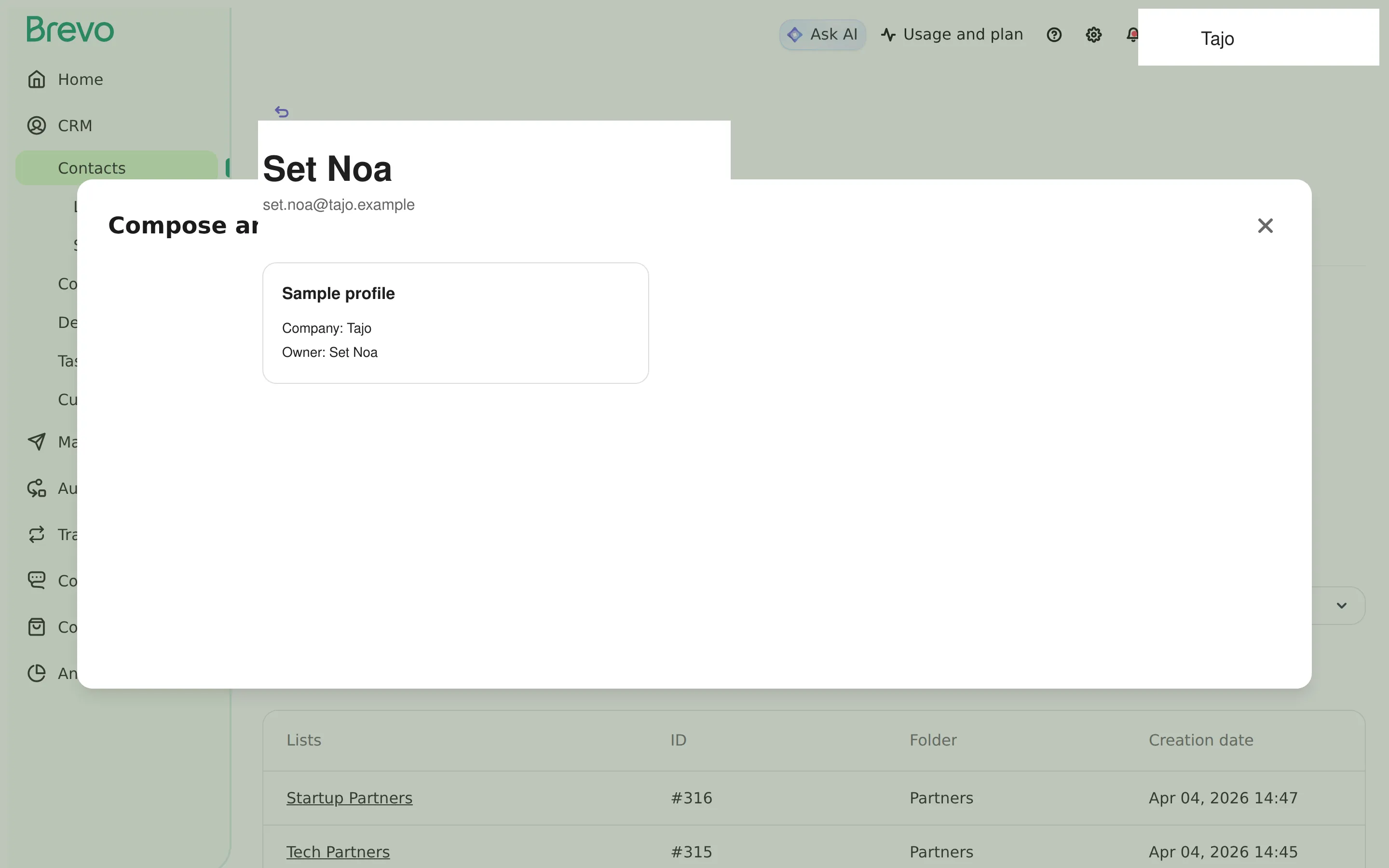 Brevo CRM contact detail view showing customer profile with email history, deal pipeline, and engagement score