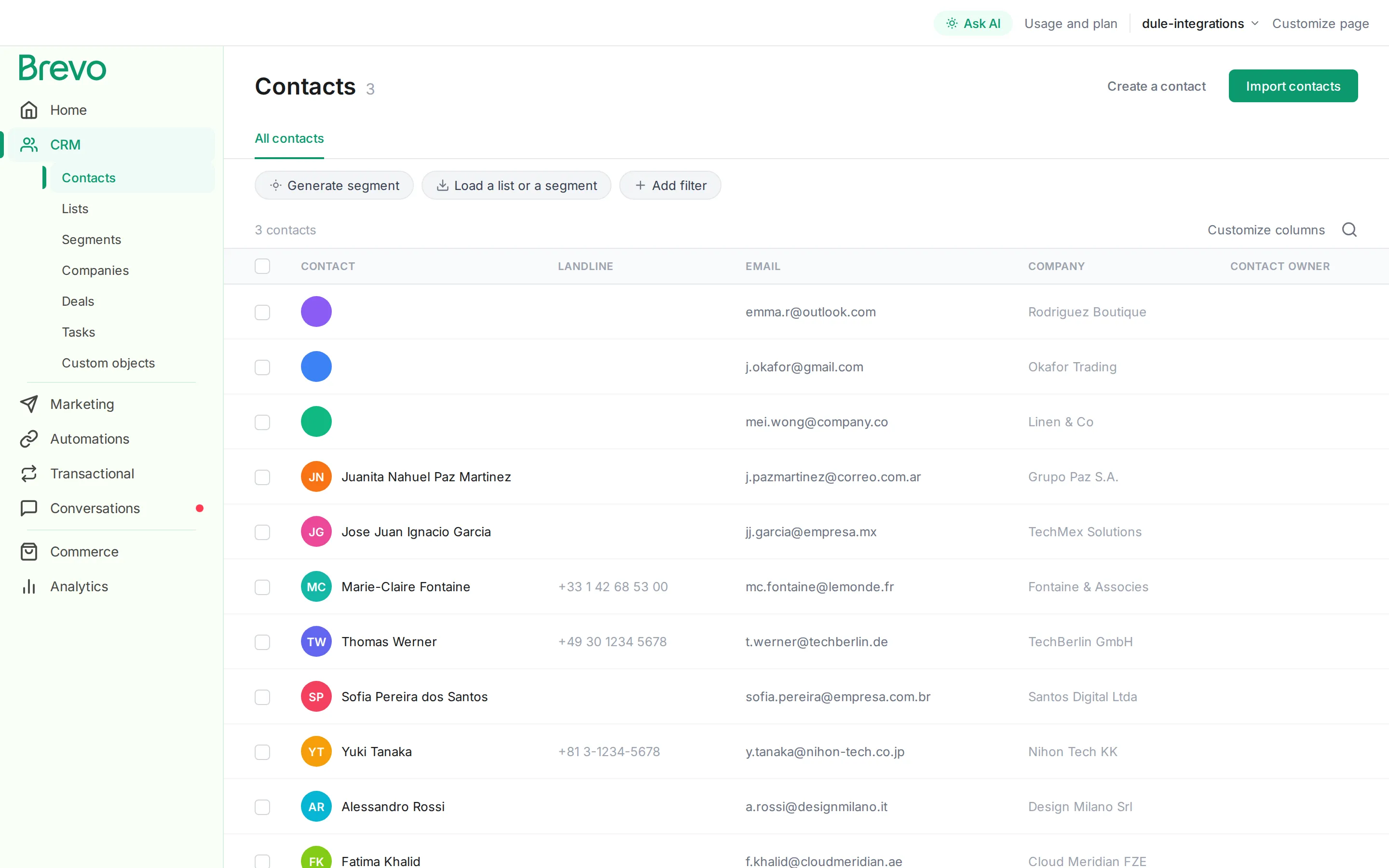 Brevo CRM contact list showing customers with avatars, emails, and company information