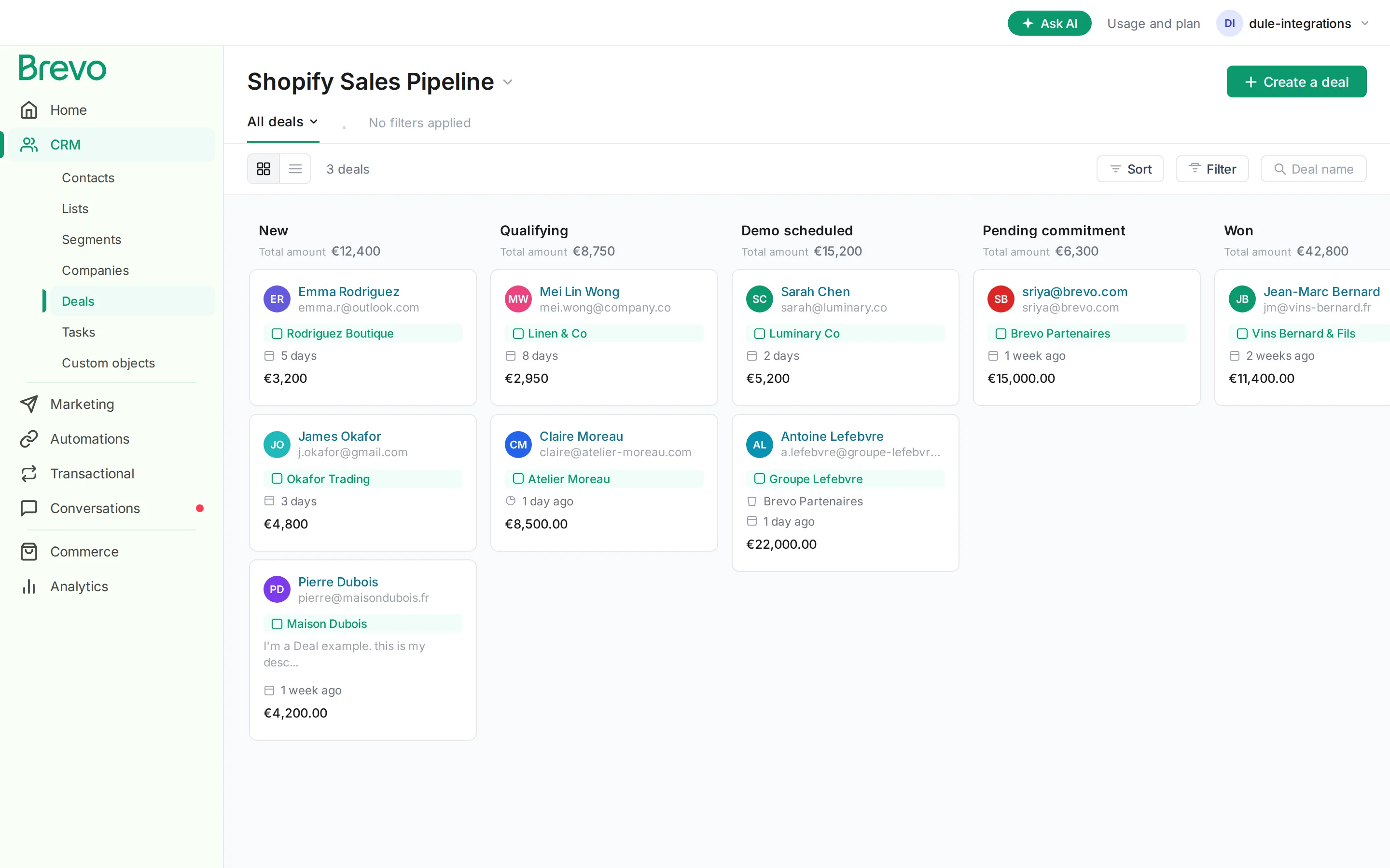 Brevo Deals Kanban pipeline showing five stages from New through Won with deal cards