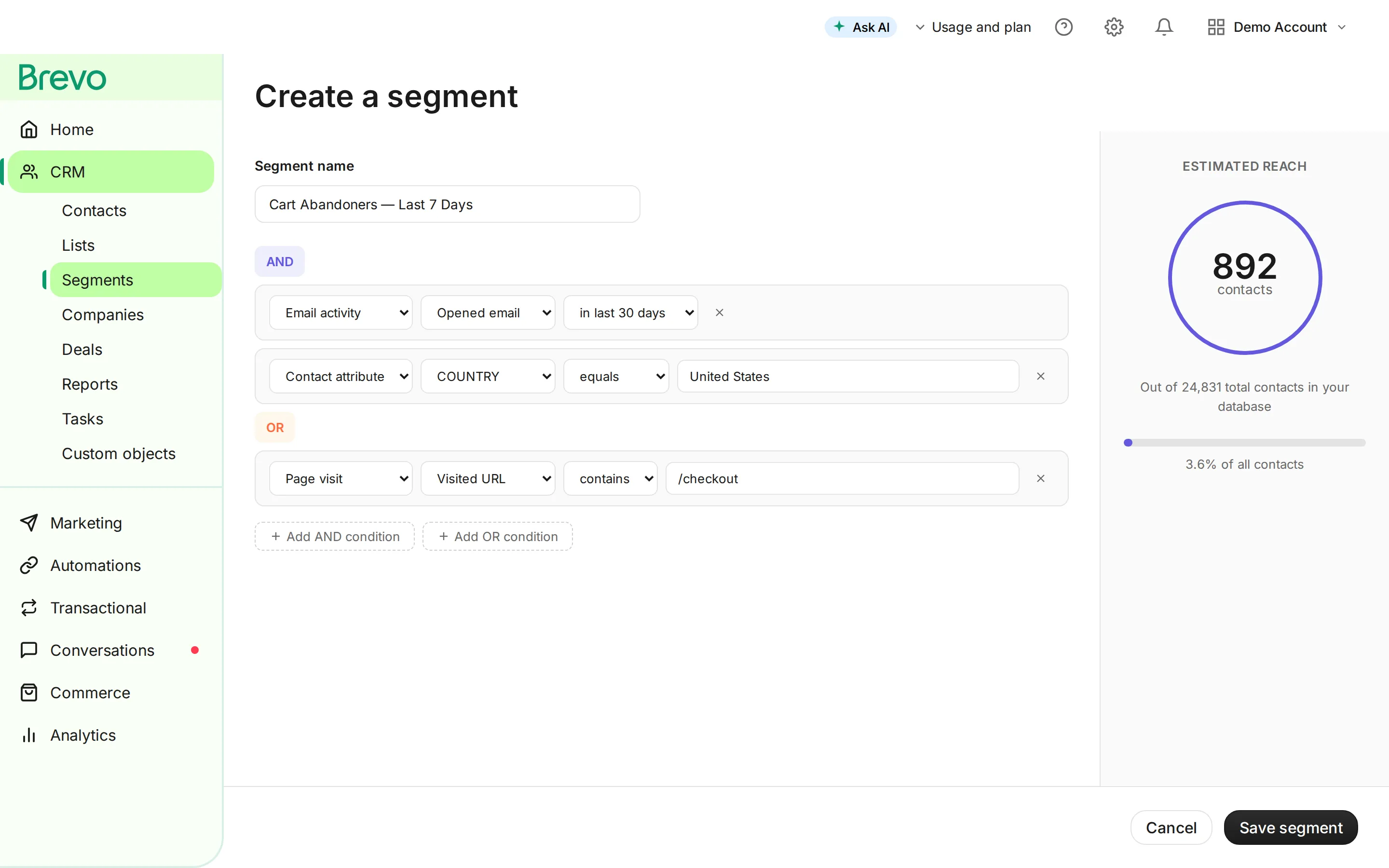 Brevo segment builder showing AND/OR filters combining email activity, contact attributes, and page visit conditions