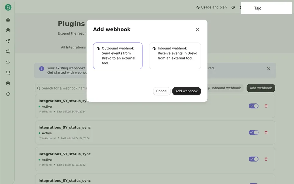 App Store Webhooks Brevo interface screenshot