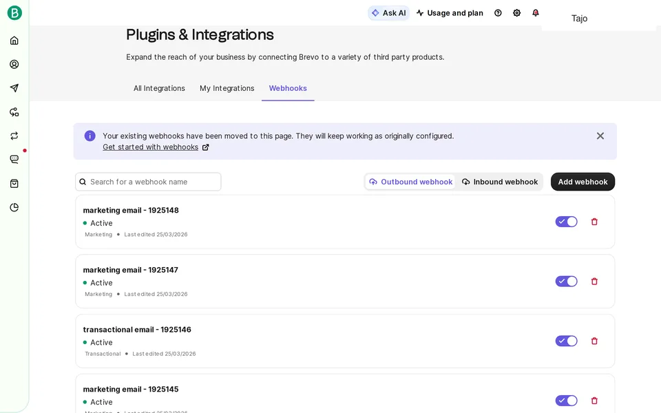 Apps Webhooks Brevo interface screenshot