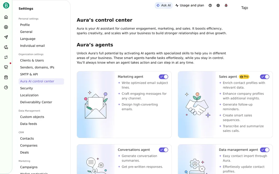 Aura Settings Brevo interface screenshot