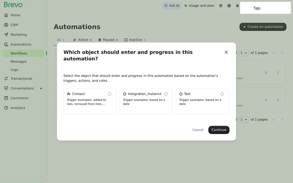 Automation Automations Brevo interface screenshot