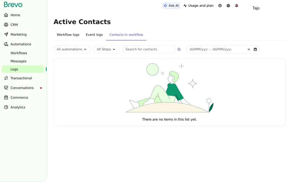 Automation Logs Activecontacts Brevo interface screenshot