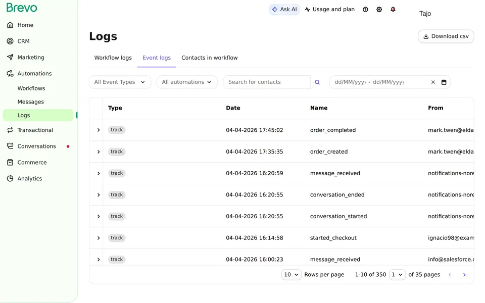 Automation Logs Events Brevo interface screenshot