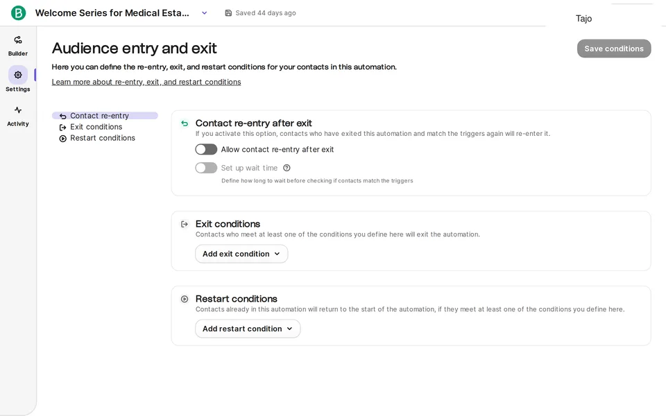 Automations Settings Brevo interface screenshot