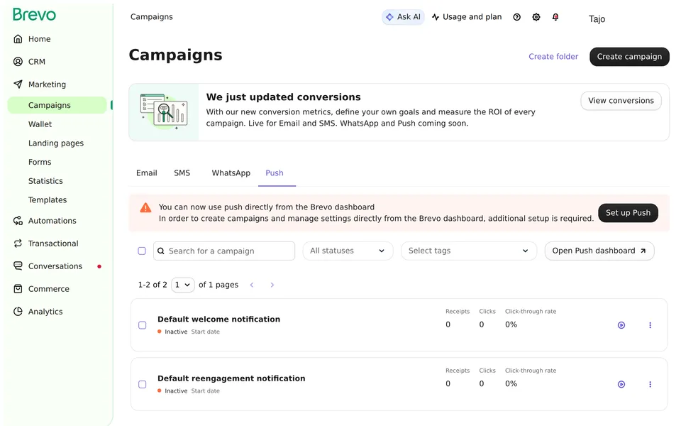 Campaigns Listing Push Brevo interface screenshot