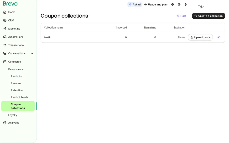 Commerce Coupons Brevo interface screenshot