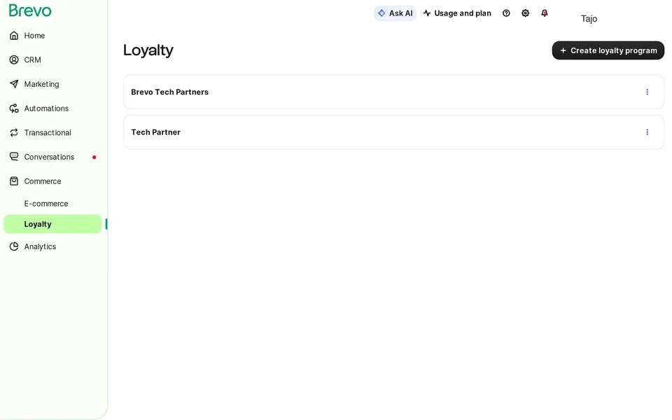 Commerce Loyalty Brevo interface screenshot