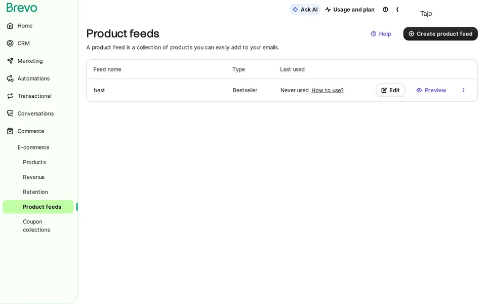 Commerce Product Feeds Brevo interface screenshot