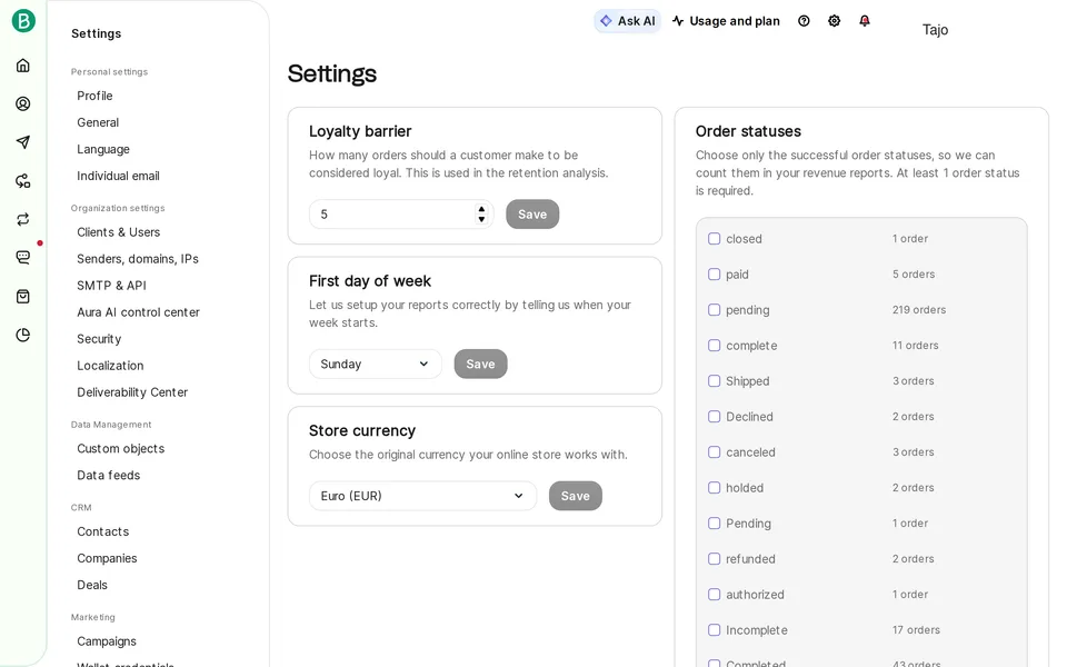 Commerce Settings Brevo interface screenshot