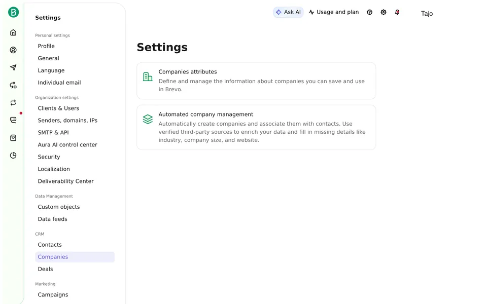 Companies Settings Brevo interface screenshot