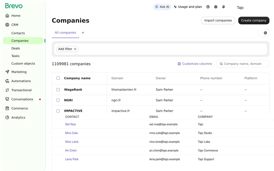 Companies Sort Desc Sortby Attributes Created At Limit 50 Pa Brevo interface screenshot