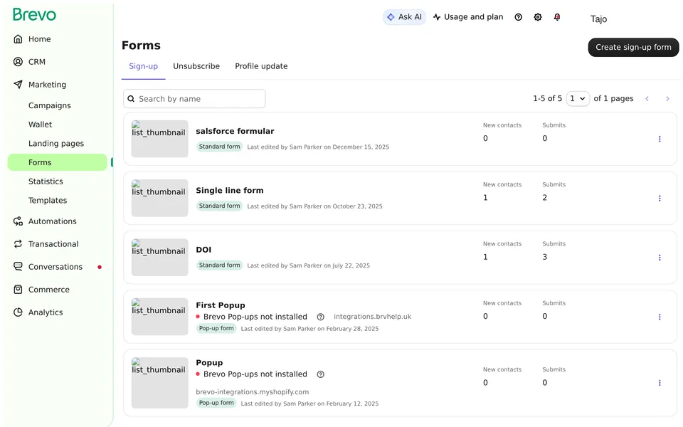 Contact Forms App Subscription Brevo interface screenshot