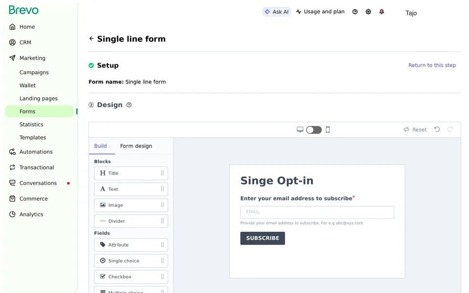 Contact Forms Subscription Edit Brevo interface screenshot