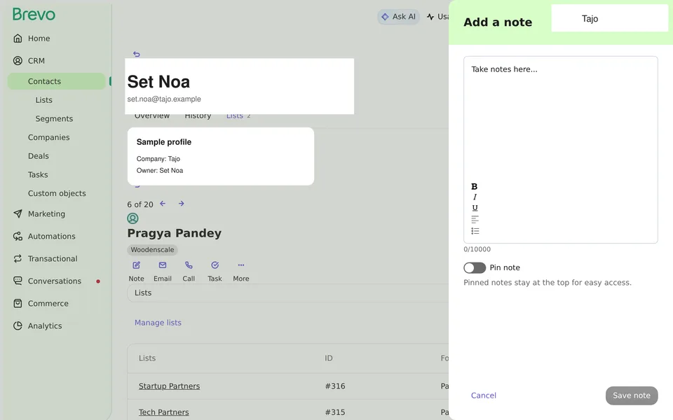 Contact Index Notes Brevo interface screenshot