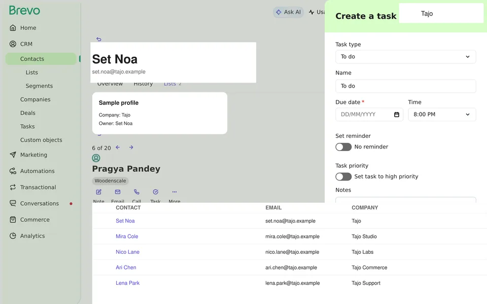 Contact Index Tasks Brevo interface screenshot