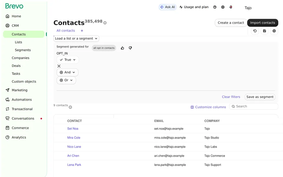 Contact List Brevo interface screenshot