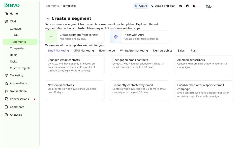 Contact Segment Templates Brevo interface screenshot
