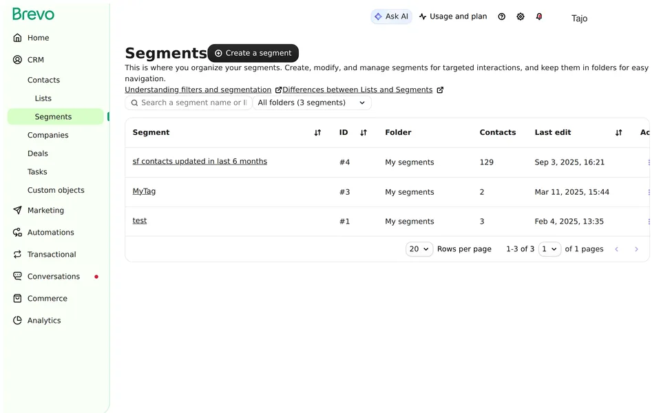 Contact Segment Brevo interface screenshot