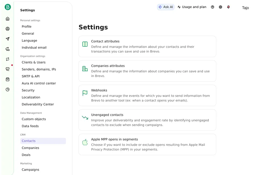 Contact Settings Brevo interface screenshot