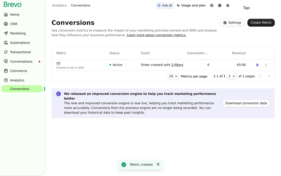 Conversions Listing Brevo interface screenshot