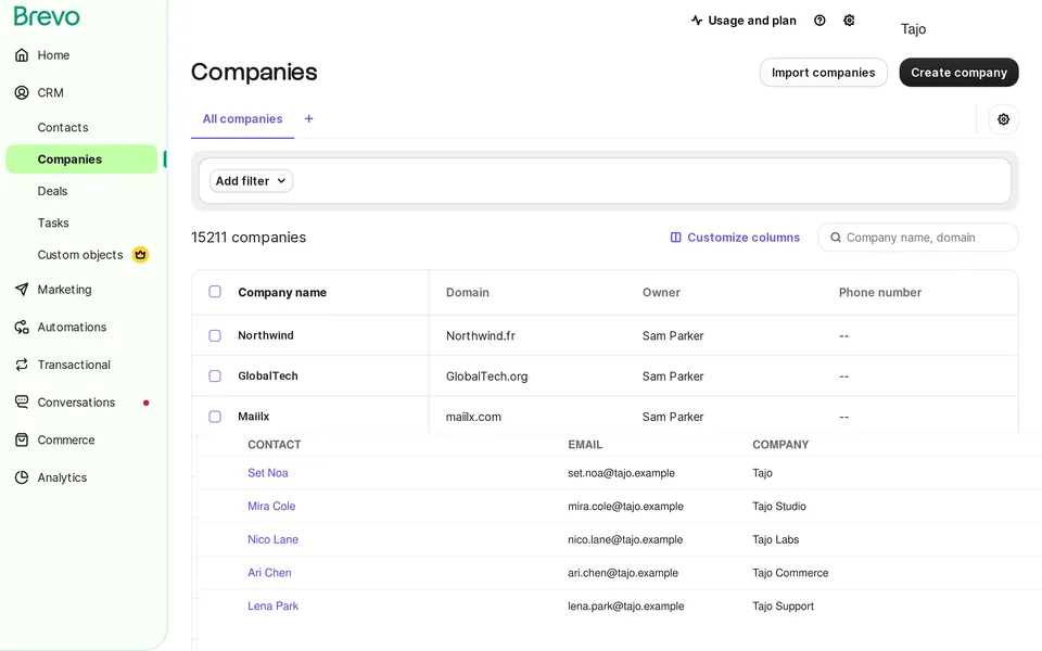 Crm Companies Brevo interface screenshot