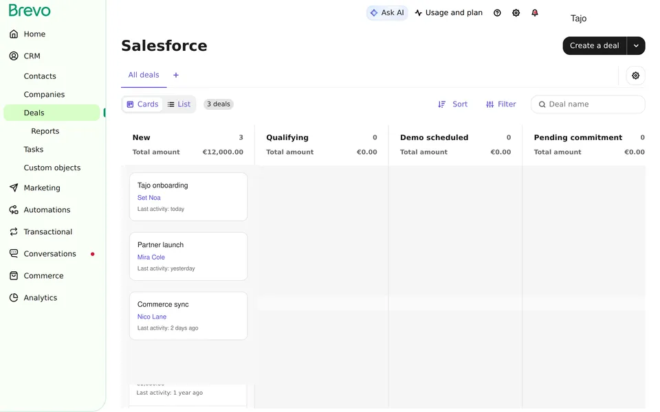 Crm Deals Kanban Brevo interface screenshot