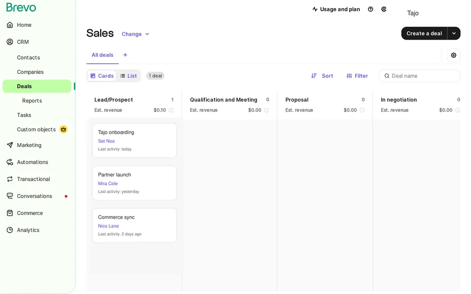 Crm Deals List Brevo interface screenshot