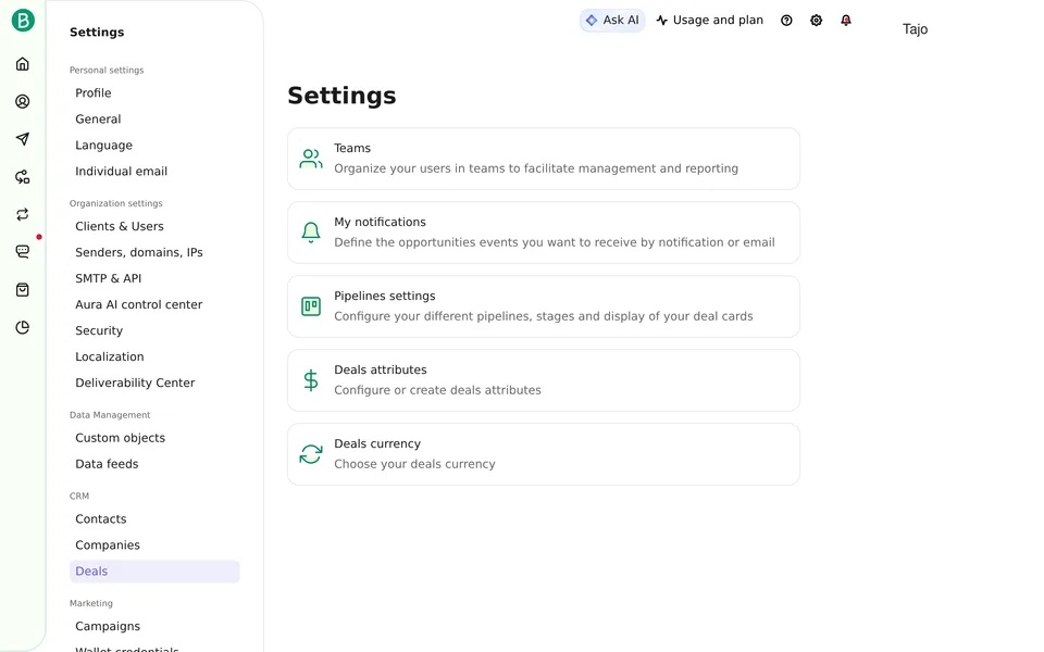Crm Settings Brevo interface screenshot