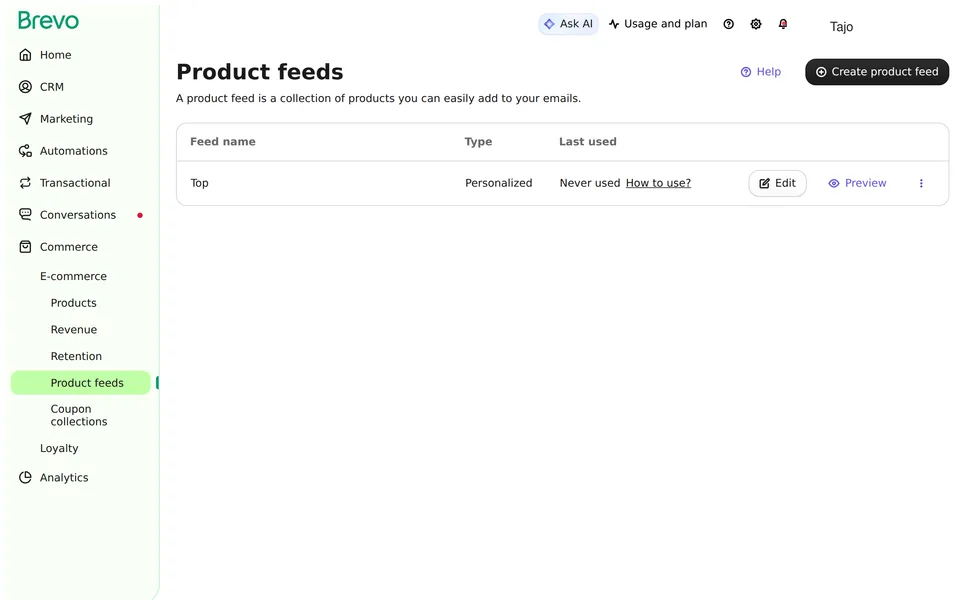 Ecommerce Feeds Brevo interface screenshot