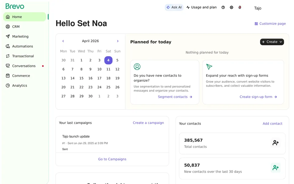 Home Dashboard Brevo interface screenshot