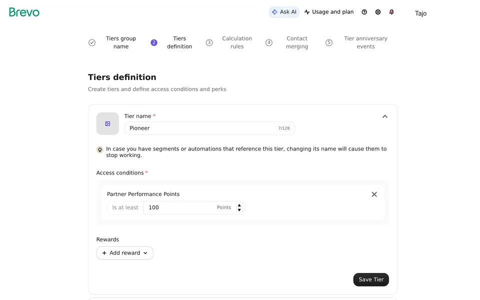 Loyalty Create Tiers 14 Brevo interface screenshot