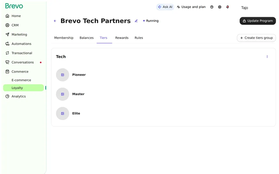 Loyalty Dashboard Sourc Brevo interface screenshot