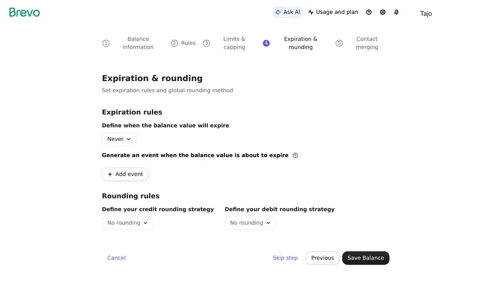 Loyalty Setup Balance E Brevo interface screenshot