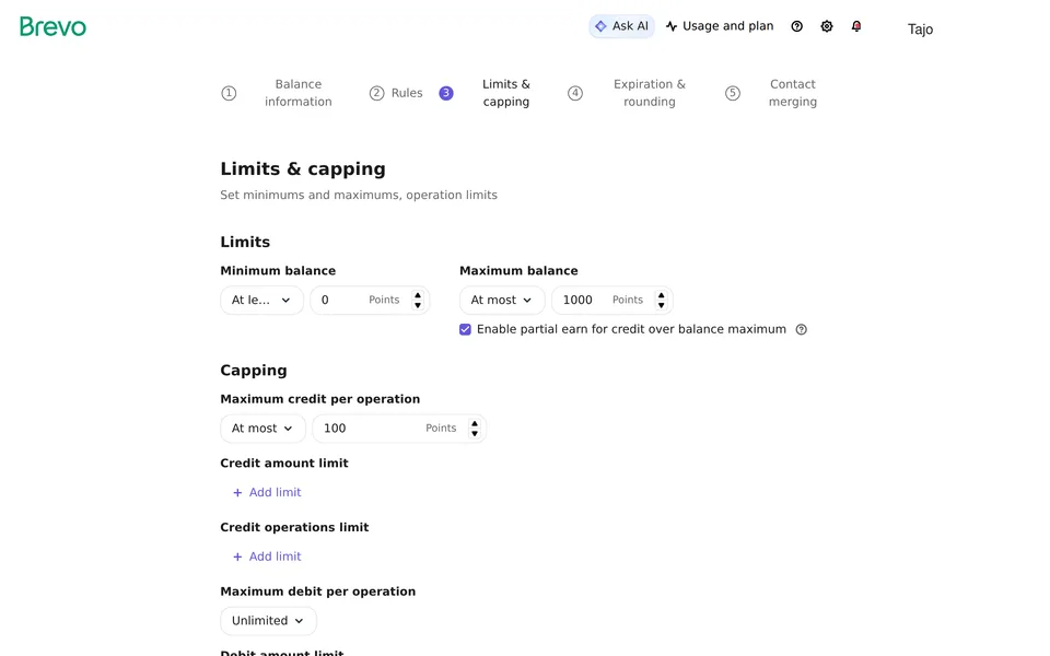 Loyalty Setup Balance L Brevo interface screenshot