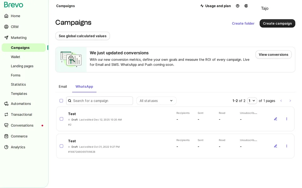 Marketing Campaigns Whatsapp Brevo interface screenshot