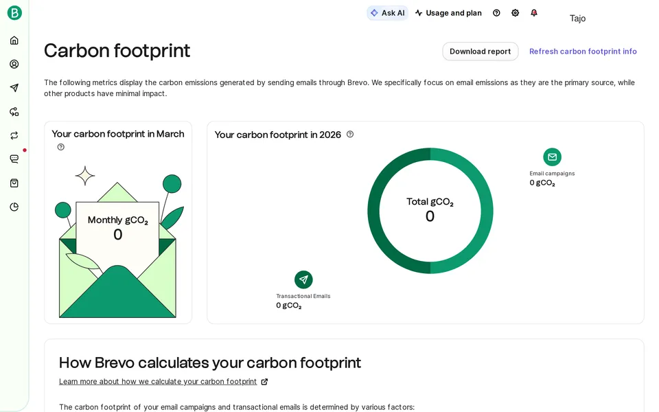Marketing Carbon Footprint Brevo interface screenshot