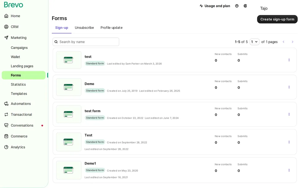 Marketing Forms Brevo interface screenshot