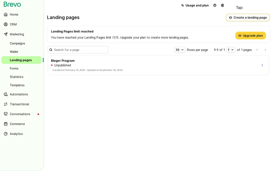 Marketing Landing Pages Brevo interface screenshot