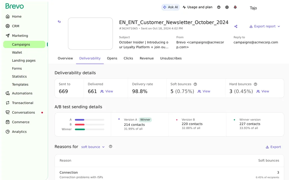 Marketing Reports Email Delivery Brevo interface screenshot