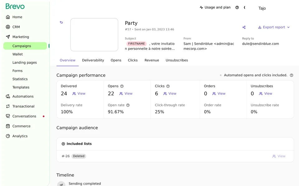 Marketing Reports Email 57 Overview Brevo interface screenshot