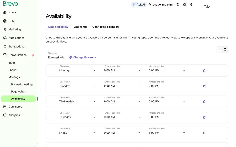 Meetings Availability Brevo interface screenshot