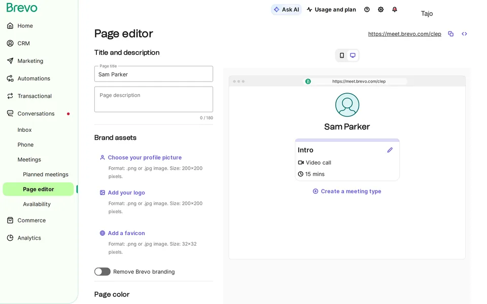Meetings Booking Page Brevo interface screenshot