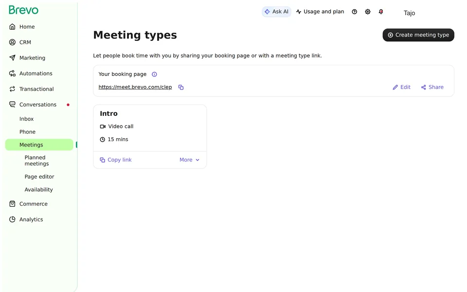 Meetings Offer All Brevo interface screenshot