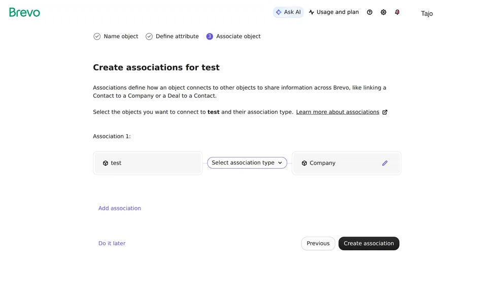 Objects Create Brevo interface screenshot