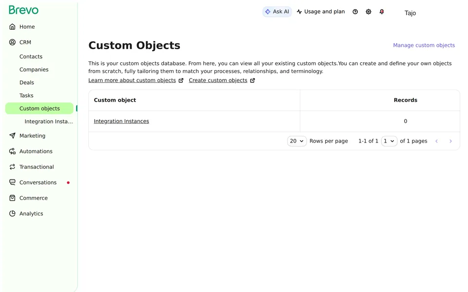 Objects List Brevo interface screenshot