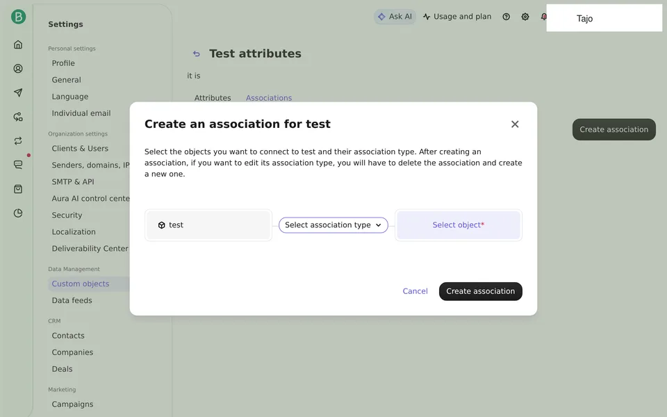 Objects Settings Test Brevo interface screenshot